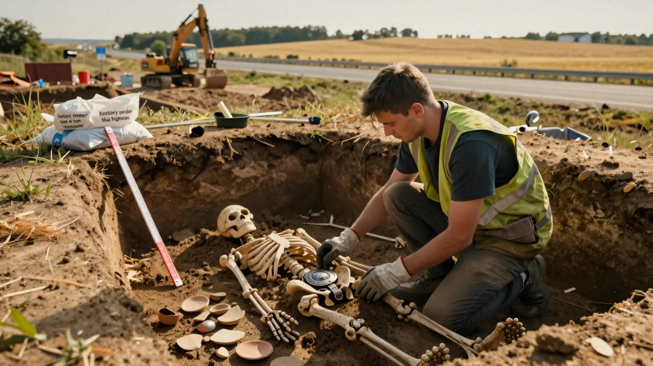 Arqueólogo escavando ossada humana e cerâmicas em sítio arqueológico próximo a estrada.