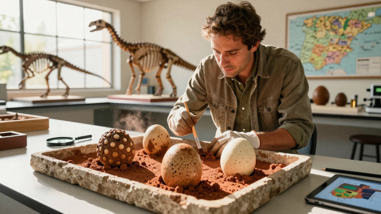 Homem escavando e estudando ovos de dinossauro em laboratório com esqueletos e mapa ao fundo.