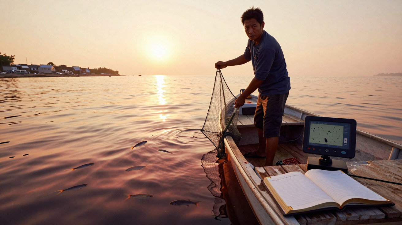 Homem pescando em barco com rede ao pôr do sol, com livro aberto e equipamento eletrônico à bordo.