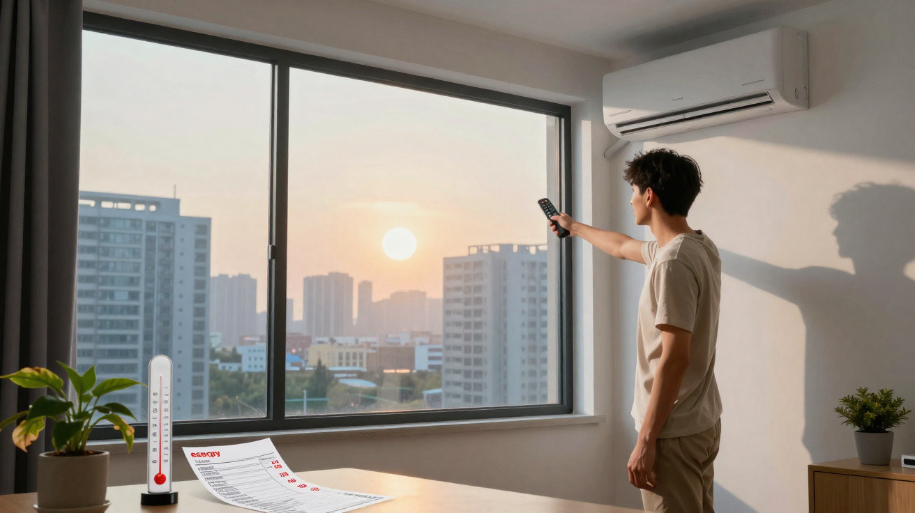 Homem ajusta ar-condicionado em apartamento com vista para a cidade ao pôr do sol.