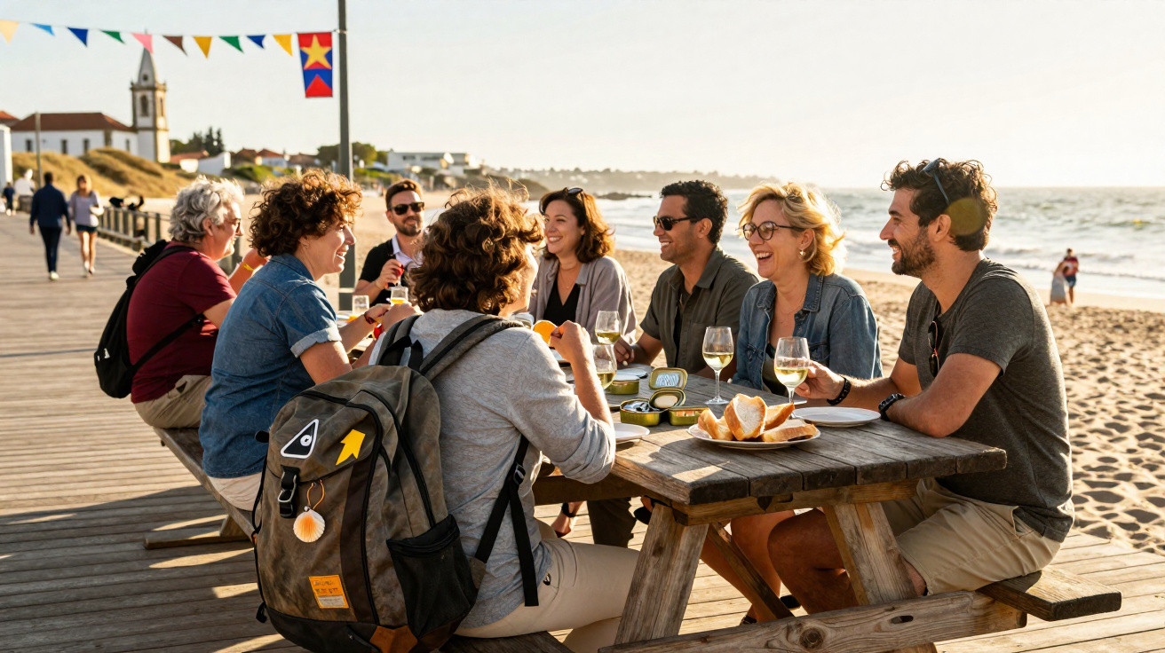 Grupo de amigos sorrindo em piquenique à beira da praia ao pôr do sol em dia ensolarado.