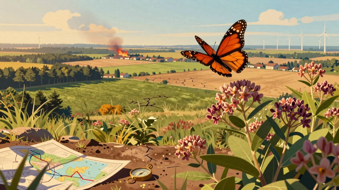 Borboleta laranja voando sobre flores e plantas, com campo seco e incêndio ao fundo.
