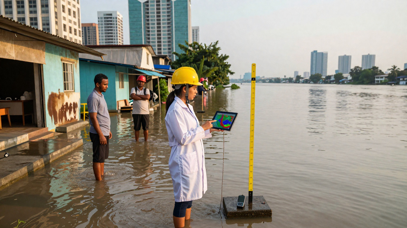Mulher com capacete amarelo mede nível da água em enchente urbana com tablet na mão.