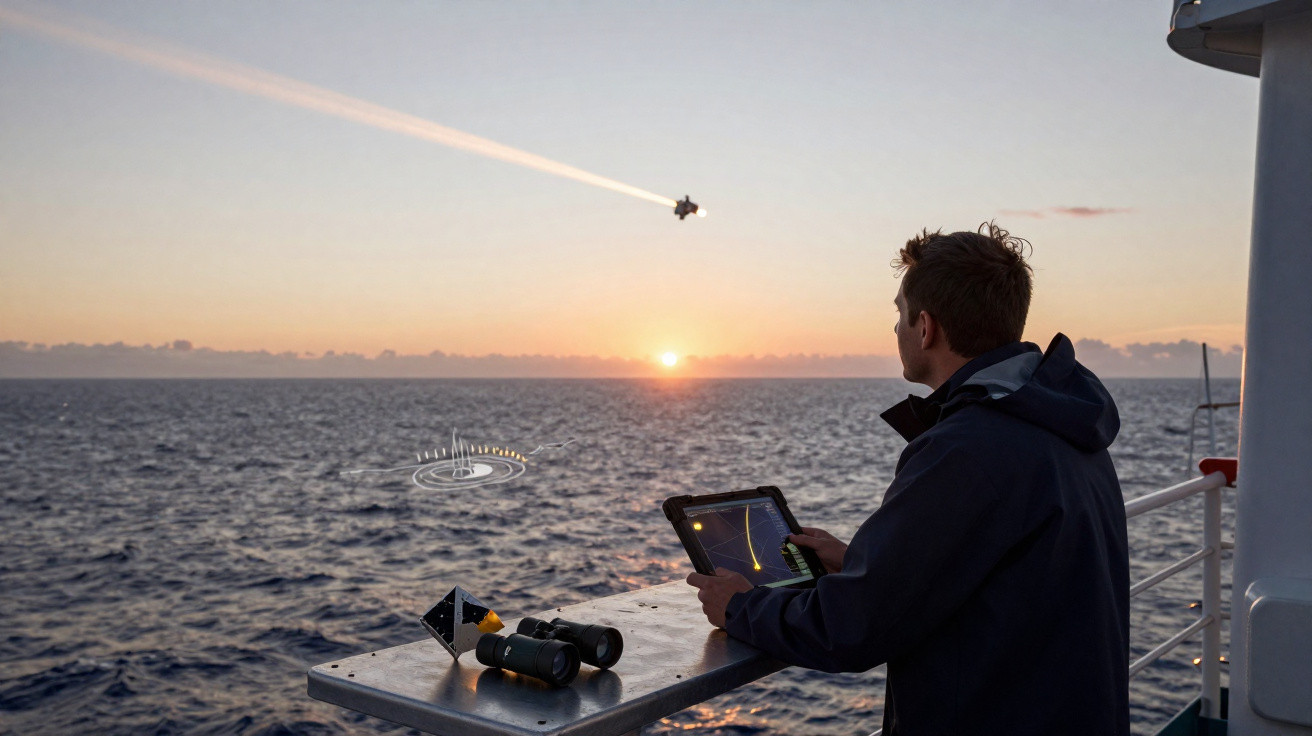 Homem observa o mar ao pôr do sol usando tablet, com binóculos sobre mesa em embarcação.