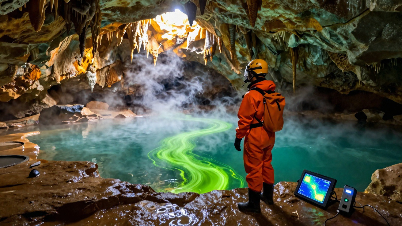 Explorador com roupa laranja observa lago de água azul com formação verde dentro de caverna úmida e iluminada