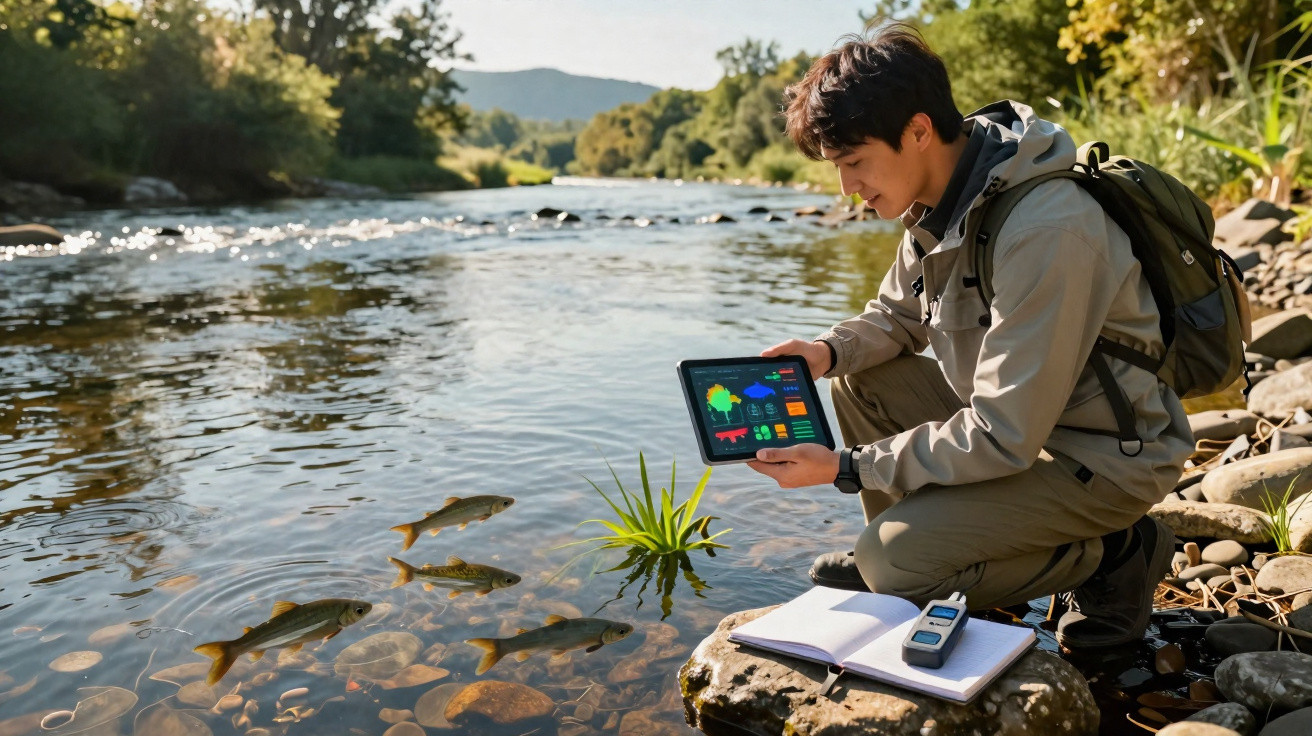 Homem com mochila analisa dados em tablet próximo a rio com peixes nadando.