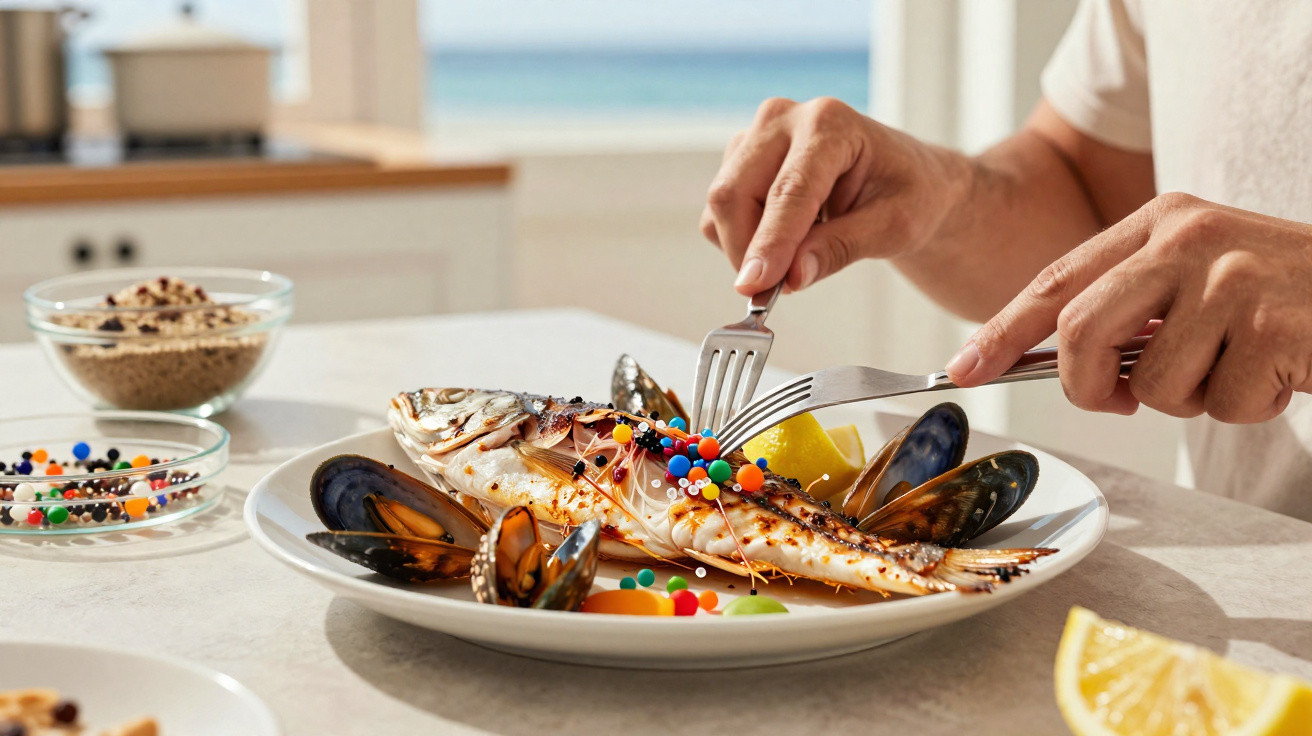 Peixe grelhado com mexilhões e confeitos coloridos em prato branco sendo cortado com garfo e faca.