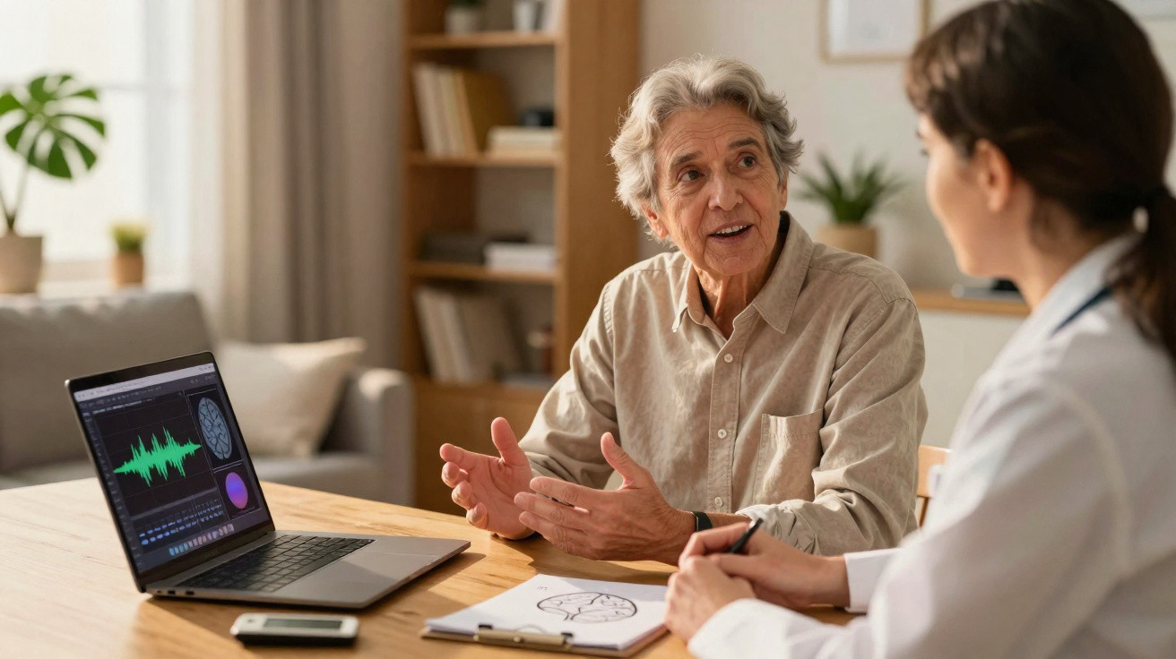 Homem idoso conversando com médica enquanto analisam dados no laptop em ambiente acolhedor.