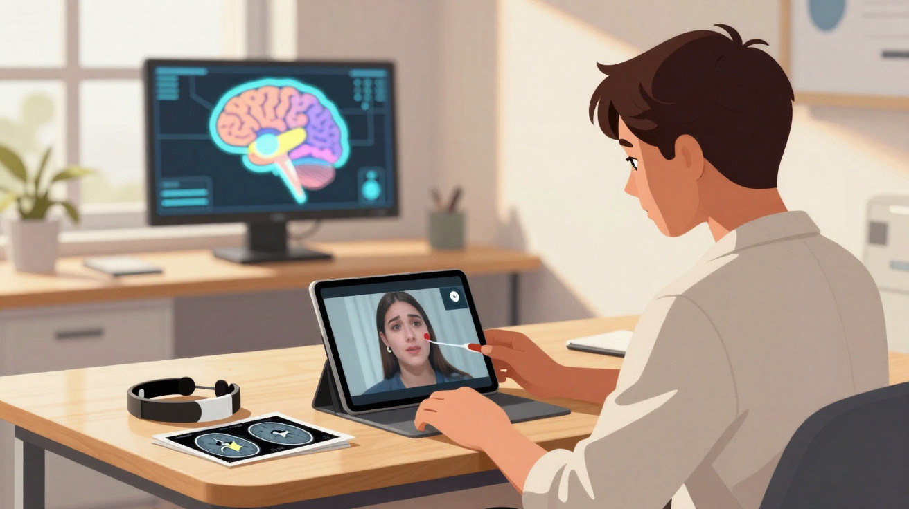 Profissional de saúde realiza teleconsulta com paciente e analisa imagens cerebrais num consultório moderno.