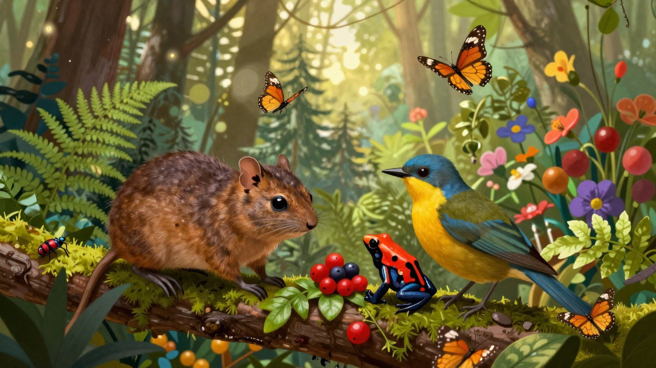 Rato, pássaro, sapo colorido e borboletas sobre galho com frutas em floresta vibrante e iluminada.
