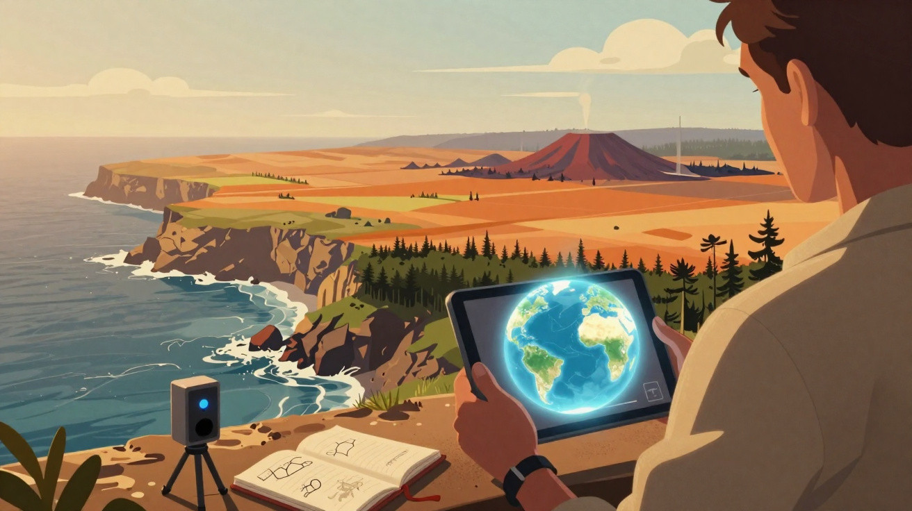 Homem usando tablet com imagem do planeta Terra em paisagem costeira com vulcão ao fundo e caderno aberto.