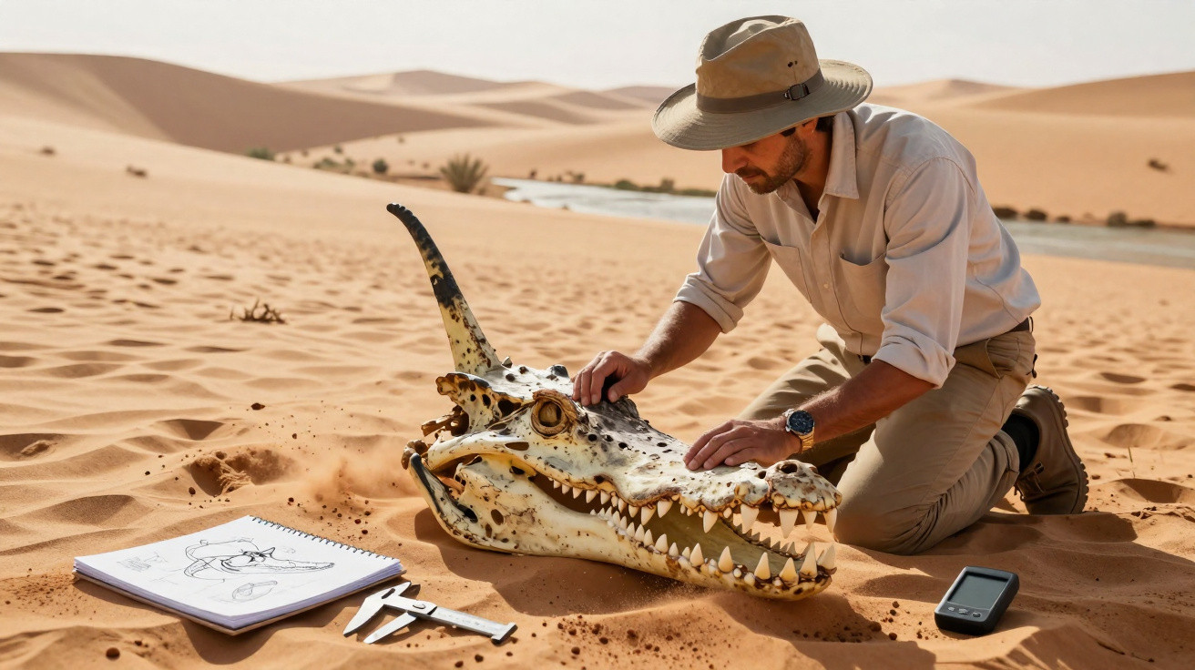 Homem em deserto analisa crânio grande com chifres, ao lado de caderno de desenhos e ferramentas.