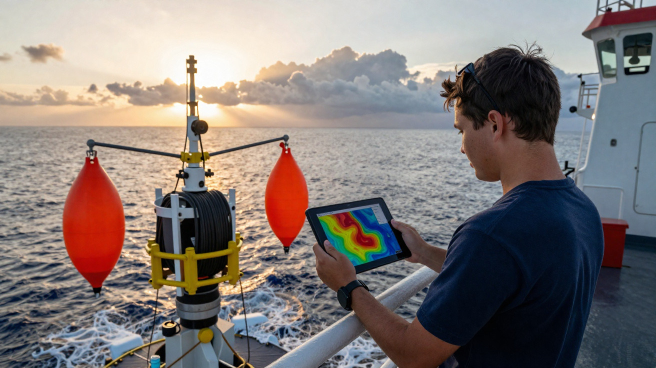 Homem usando tablet com mapa de calor no convés de navio ao pôr do sol no mar.