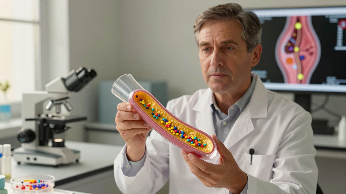Cientista segurando modelo anatômico de artéria com placas coloridas em laboratório.