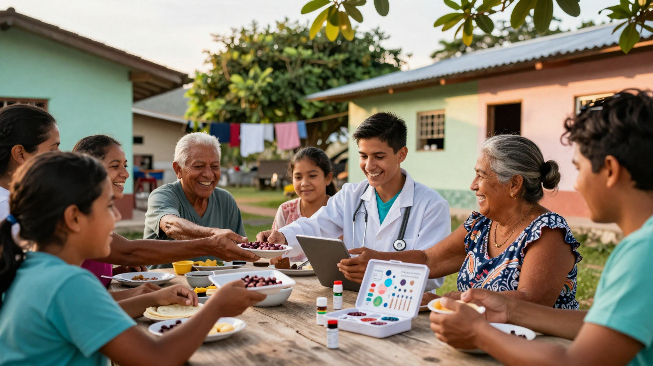 Médico com estetoscópio ensina nutrição para família diversa em mesa ao ar livre em ambiente rural.