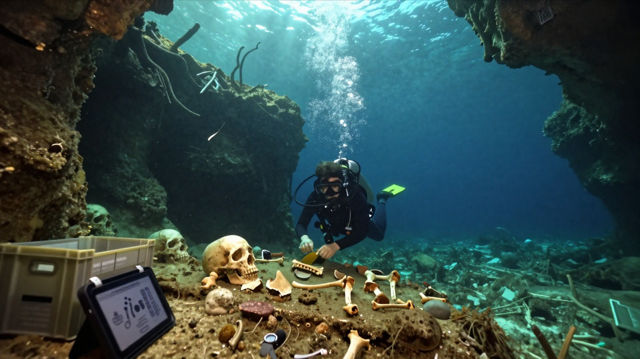 Mergulhador explorando ossos e crânios humanos em sítio arqueológico subaquático entre rochas.
