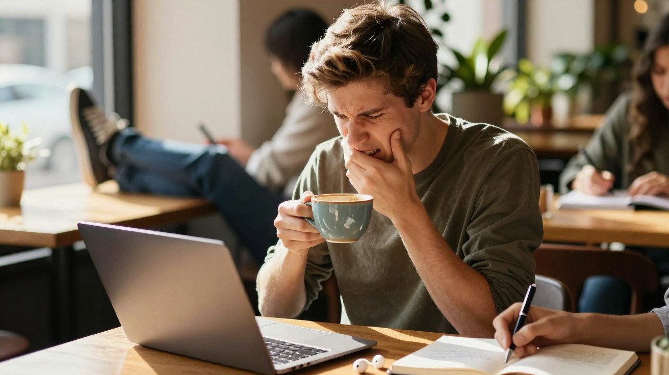 Jovem fazendo careta ao provar café em cafeteria enquanto usa laptop e estuda.