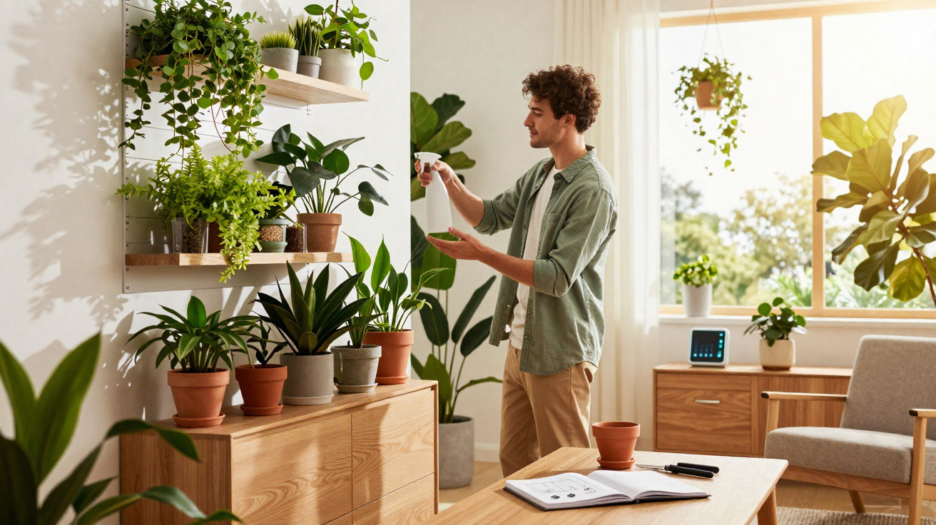 Homem regando plantas em vasos dentro de uma sala iluminada e decorada com móveis de madeira clara.