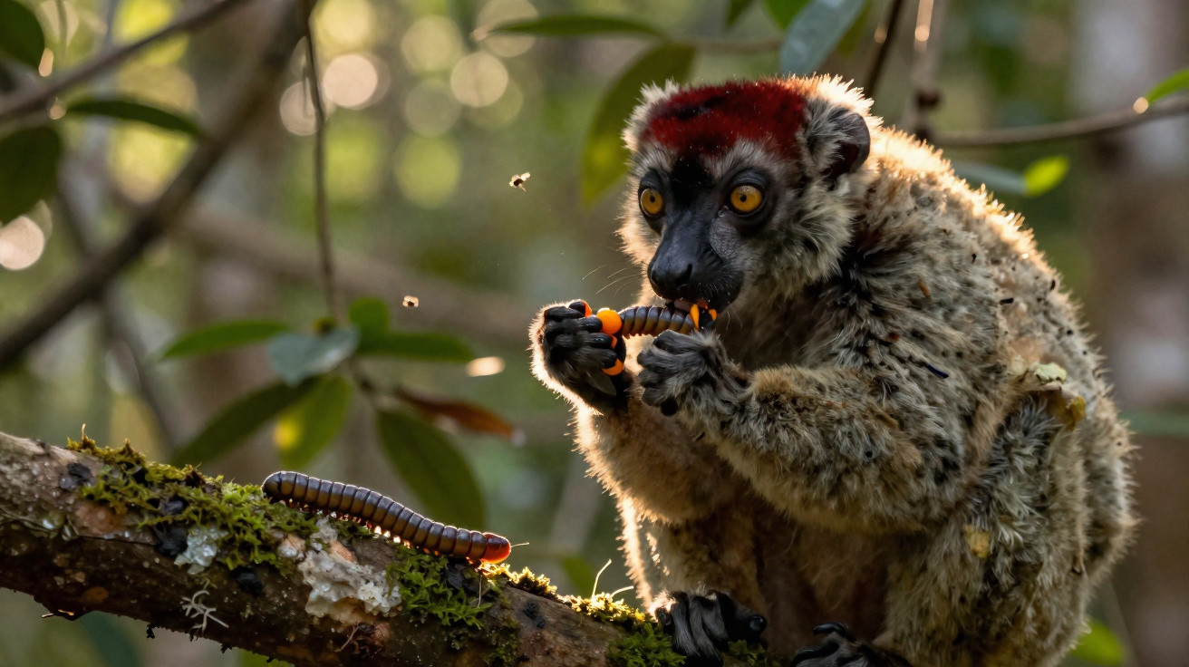 Lêmure com pelagem marrom e vermelha comendo centopéia em galho coberto de musgo na floresta.