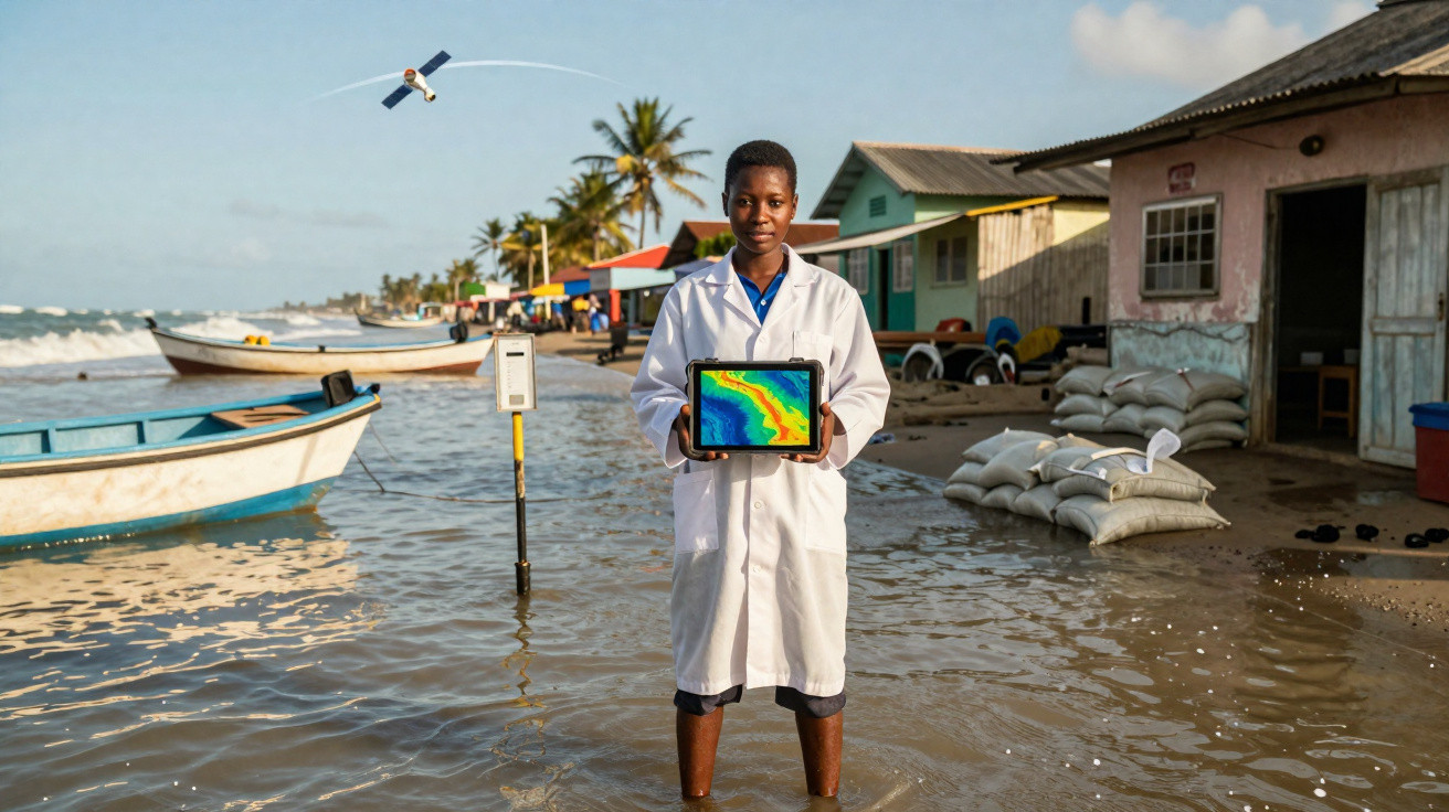 Pessoa de jaleco branco em área alagada segura tablet com imagem colorida, barcos e casas ao fundo.