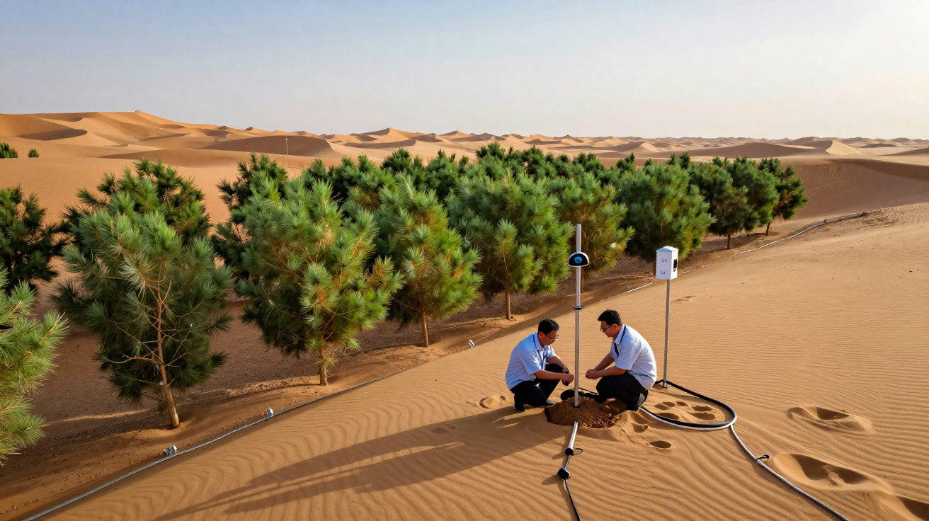 Dois homens ajustam equipamentos de irrigação em plantação de árvores no deserto com dunas ao fundo.