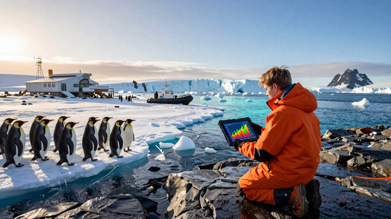 Pesquisador em traje laranja analisa dados em tablet próximo a grupo de pinguins na costa gelada.