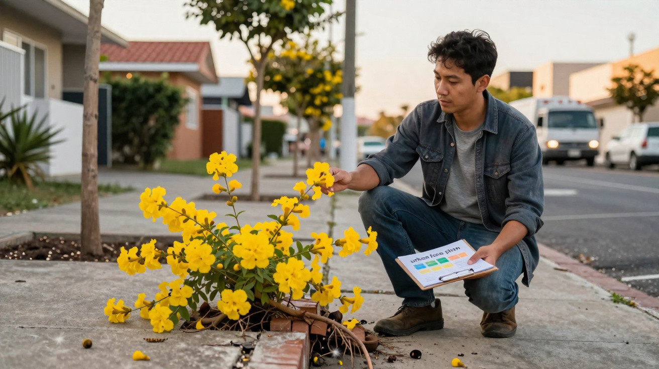 Homem agachado examina flores amarelas em calçada urbana com prancheta na mão ao entardecer.
