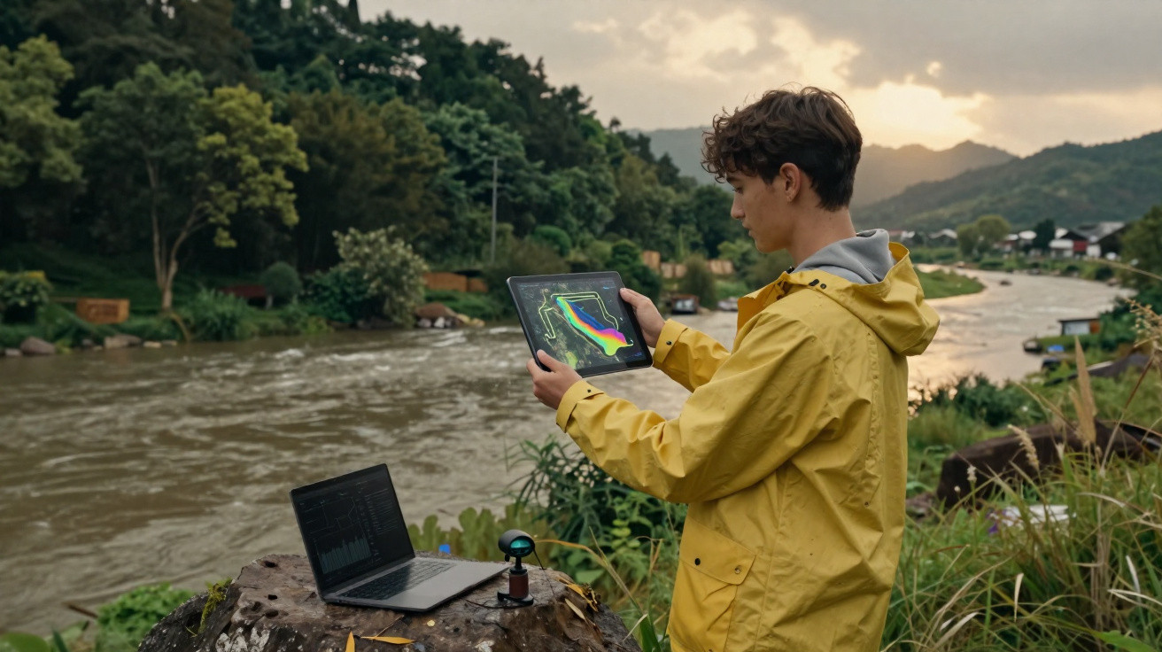Jovem com capa amarela usa tablet para analisar dados perto de rio e laptop em tronco na natureza.