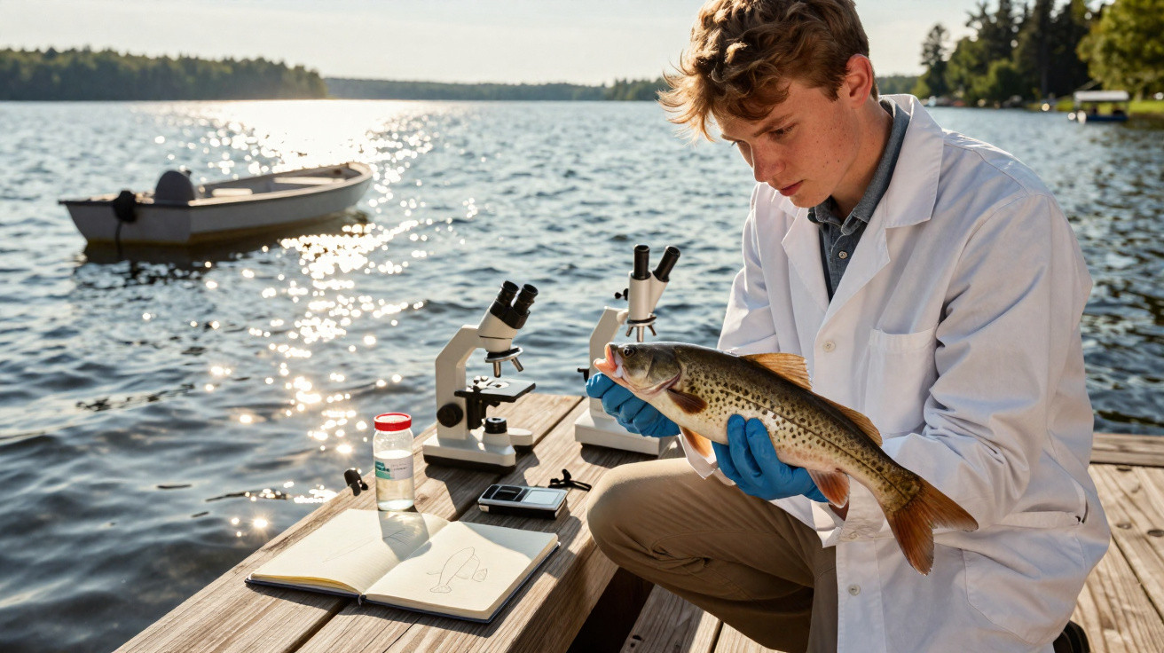Jovem cientista em jaleco azul examinando peixe com microscópios e caderno ao ar livre perto de lago.