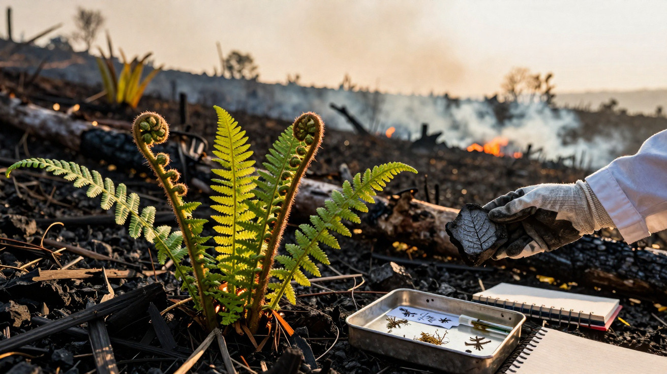 Samambaia verde crescendo em área queimada, com mão segurando folha queimada e materiais de registro ao lado.