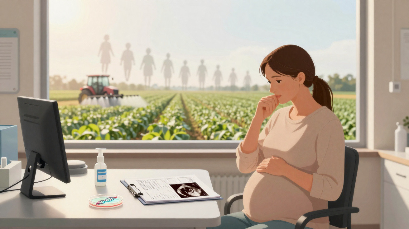 Mulher grávida sentada em consultório, olhando ultrassom na mesa com campo e sombras de gestantes ao fundo.