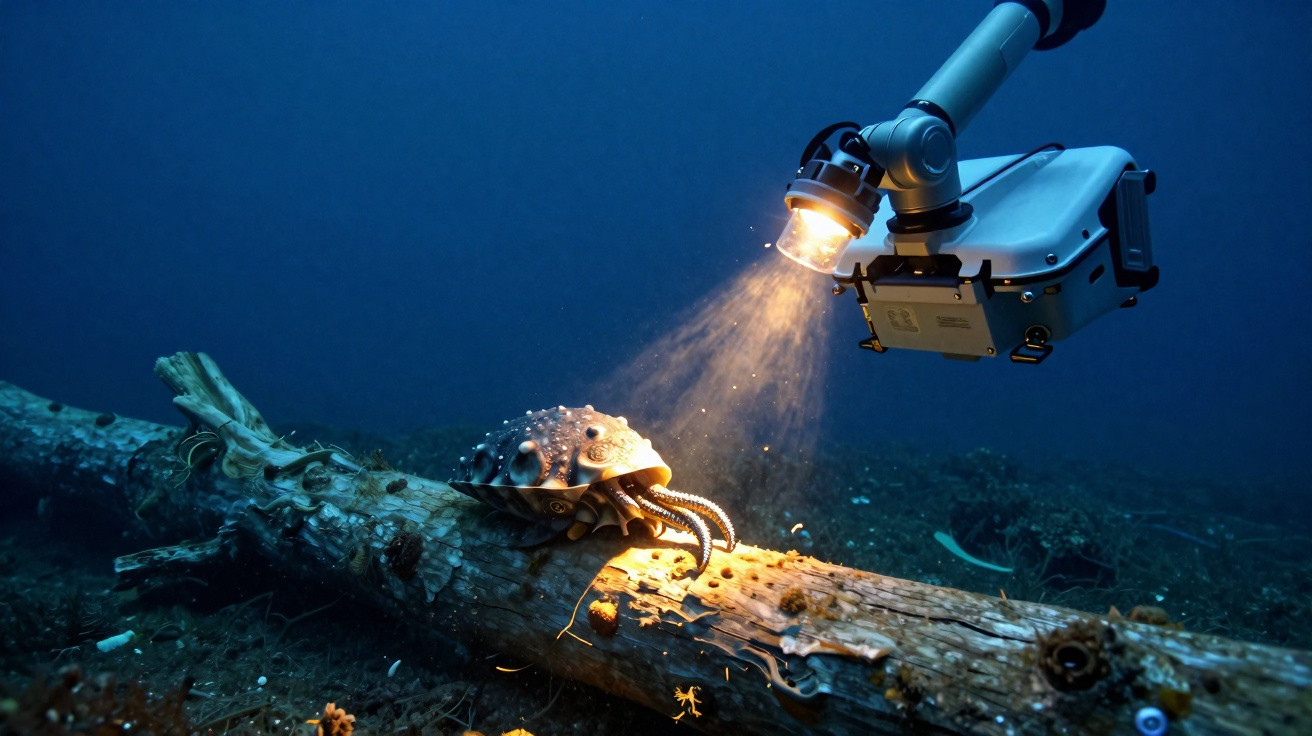 Robô subaquático iluminando polvo marrom em tronco submerso no fundo do mar.