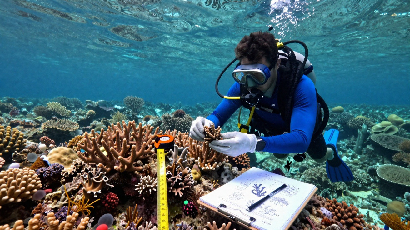 Mergulhador cientista coleta amostra de corais para estudo em recife subaquático colorido e cheio de vida.