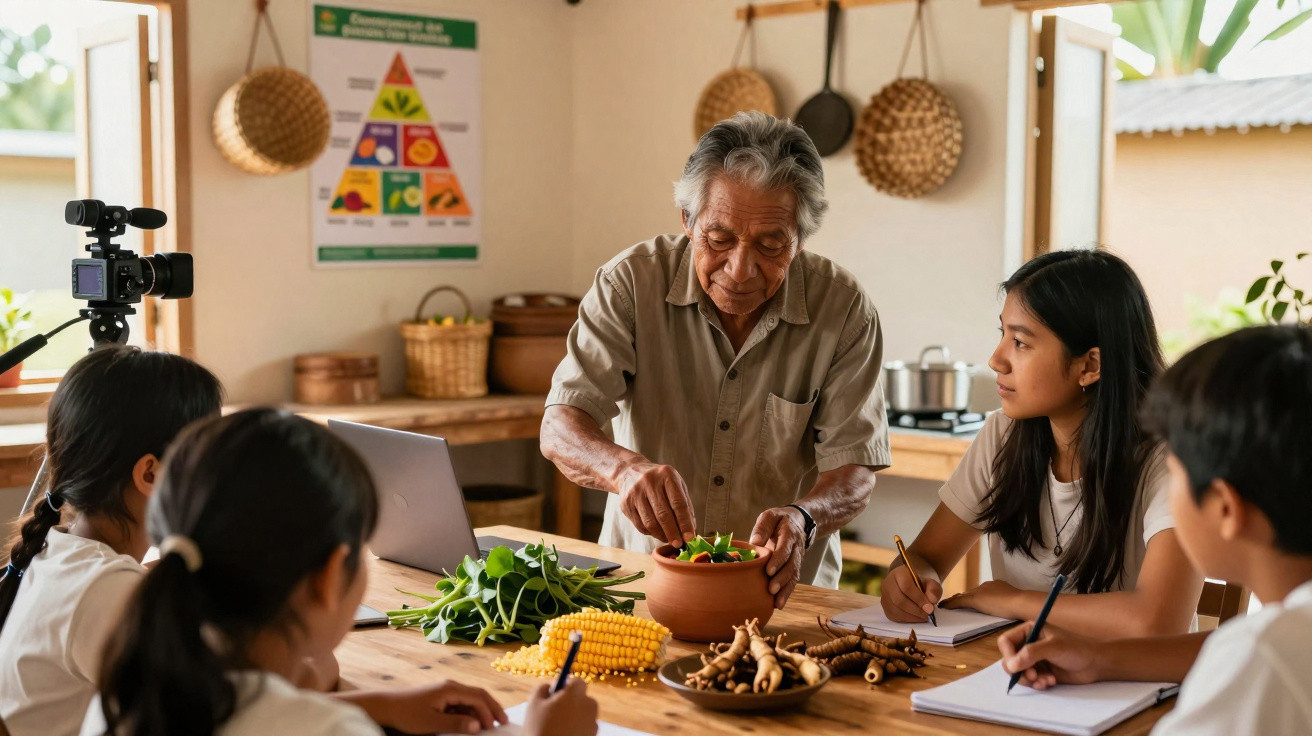 Idoso ensinando jovens sobre plantas e alimentos naturais em uma cozinha simples e iluminada.