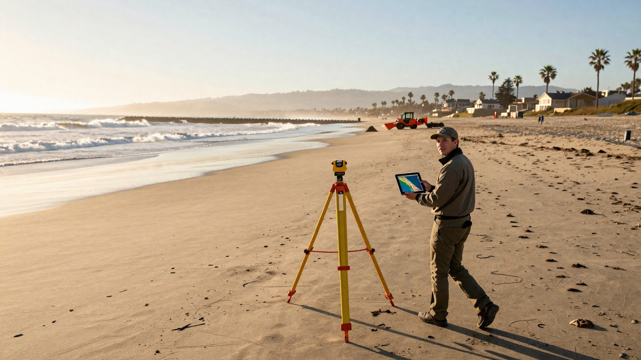 Homem usando tablet opera equipamento de topografia em tripé na areia da praia ao entardecer.