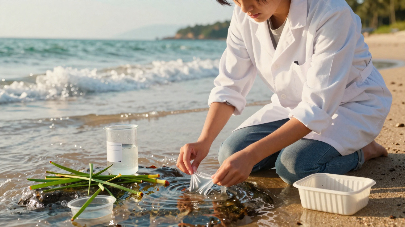 Cientista coletando amostras de água do mar na praia usando jaleco branco.