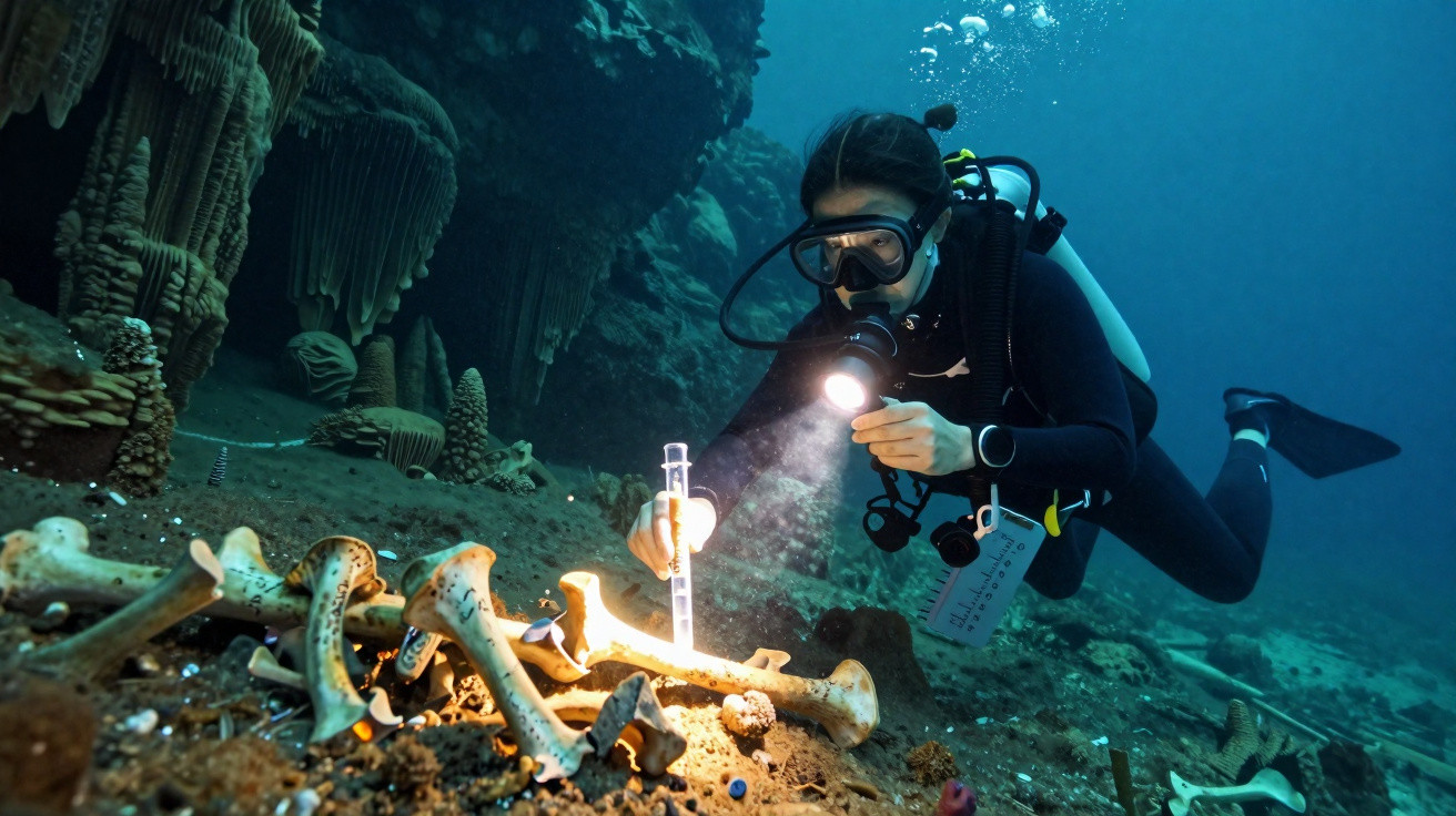 Mergulhadora analisando ossos em sítio arqueológico subaquático iluminado por lanterna.