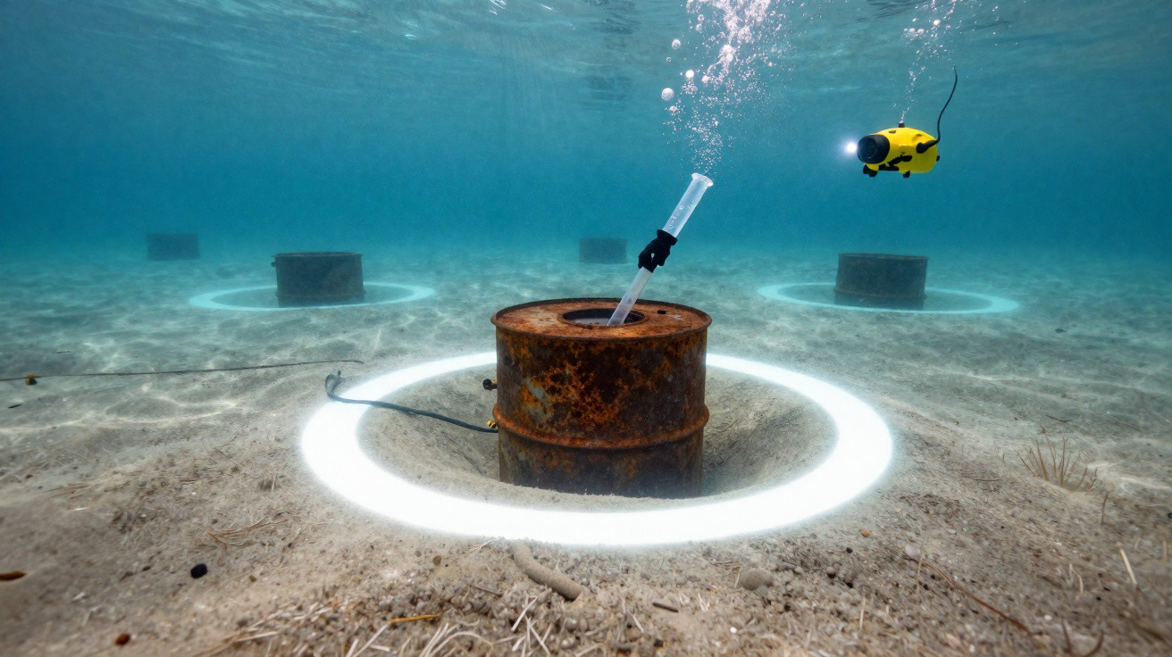 Robo amarelo subaquático inspeciona barris enferrujados cercados por círculos luminosos no fundo do mar.