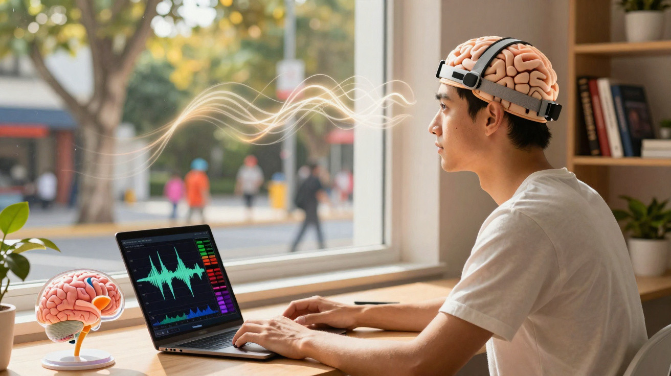 Jovem usando capacete cerebral interativo conectado a laptop com ondas cerebrais visíveis na tela.