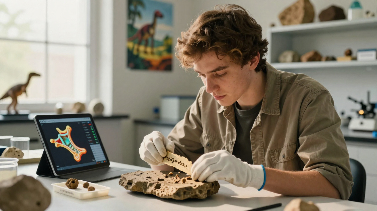 Jovem cientista analisa fóssil em laboratório, com tablet exibindo reconstrução digital ao lado.