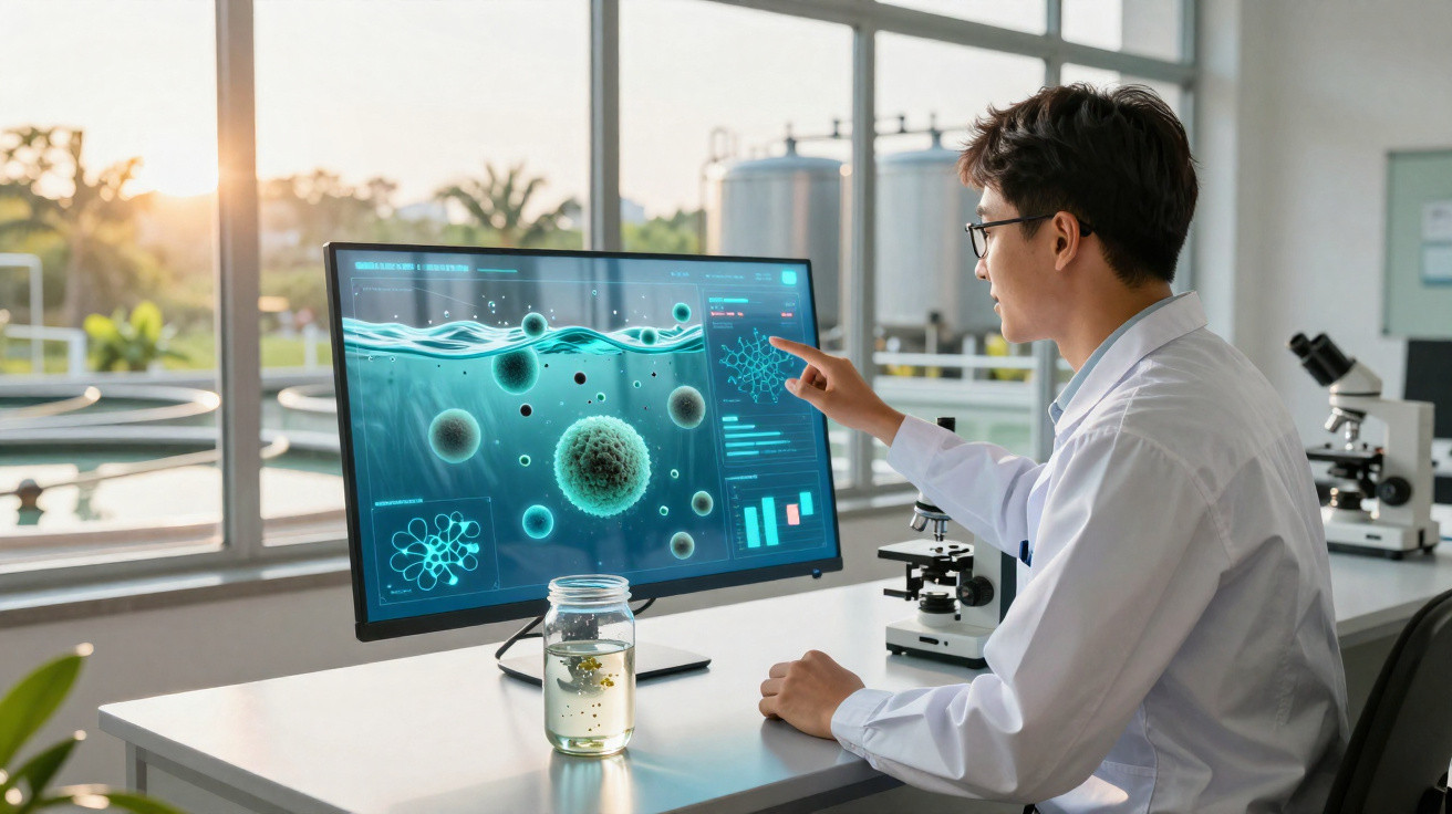 Cientista analisa imagens digitais de microrganismos em laboratório moderno com microscópio e jarro d’água.