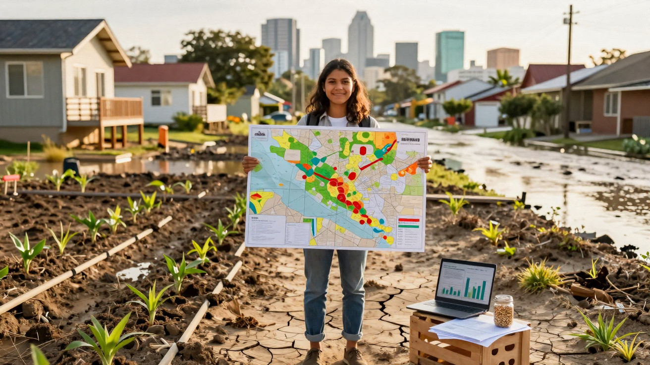 Mulher em área seca segurando mapa de riscos com casas e cidade ao fundo.