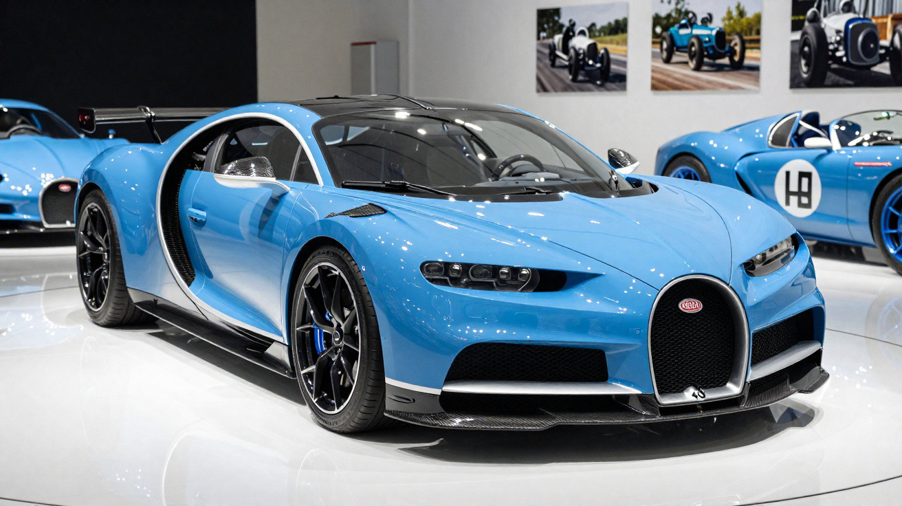 Carro esportivo Bugatti Chiron azul em exposição com fundo branco e outros carros clássicos azuis.
