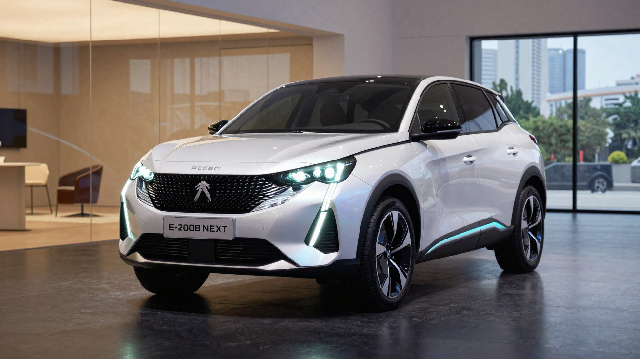 SUV elétrico Peugeot E-2008 NEXT branco em ambiente interno moderno com iluminação destacada.