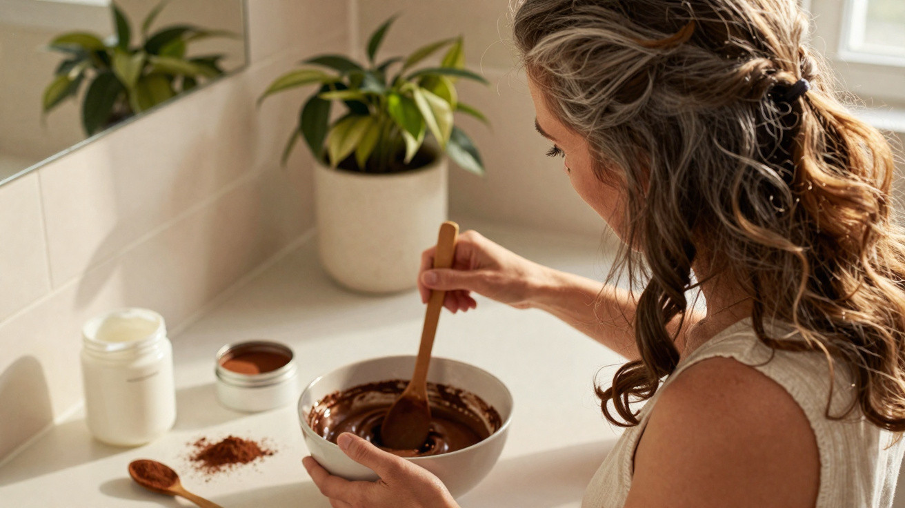 Mulher mexendo uma tigela com mistura de chocolate em bancada de cozinha iluminada.