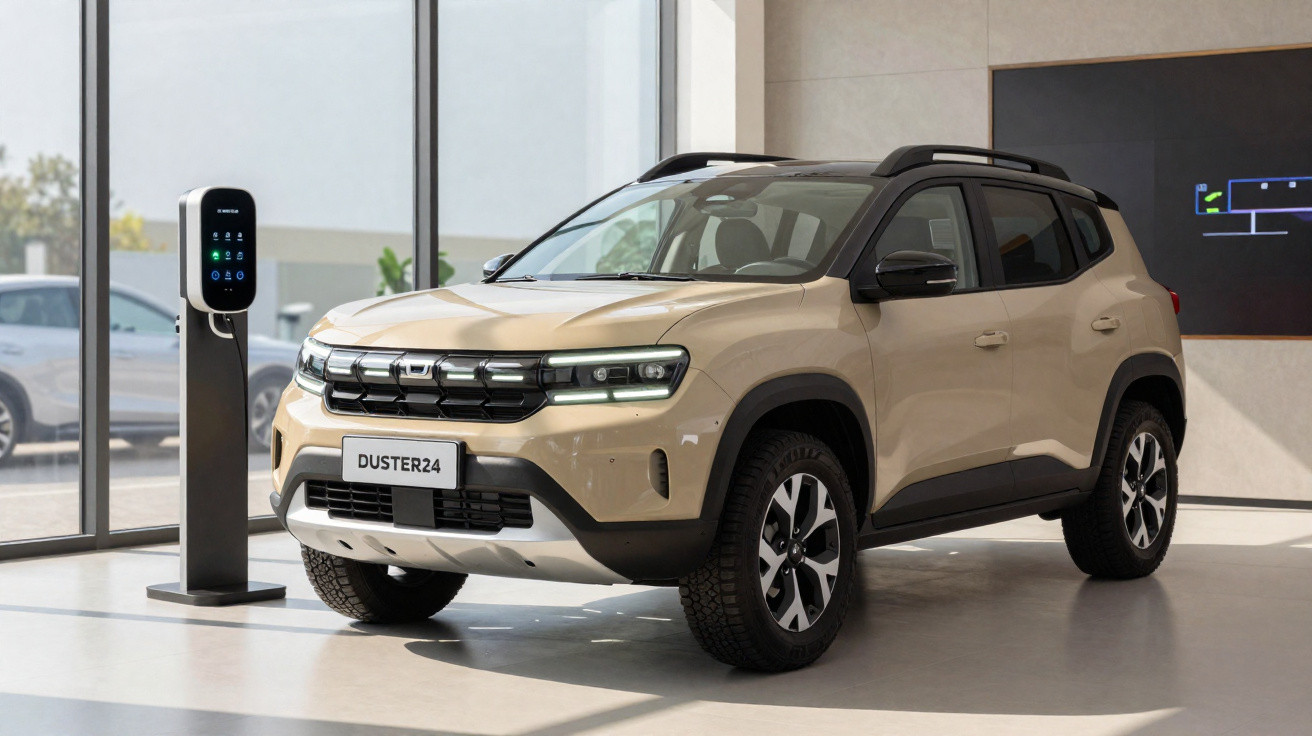 SUV Duster 2024 bege estacionado em showroom moderno ao lado de carregador elétrico.