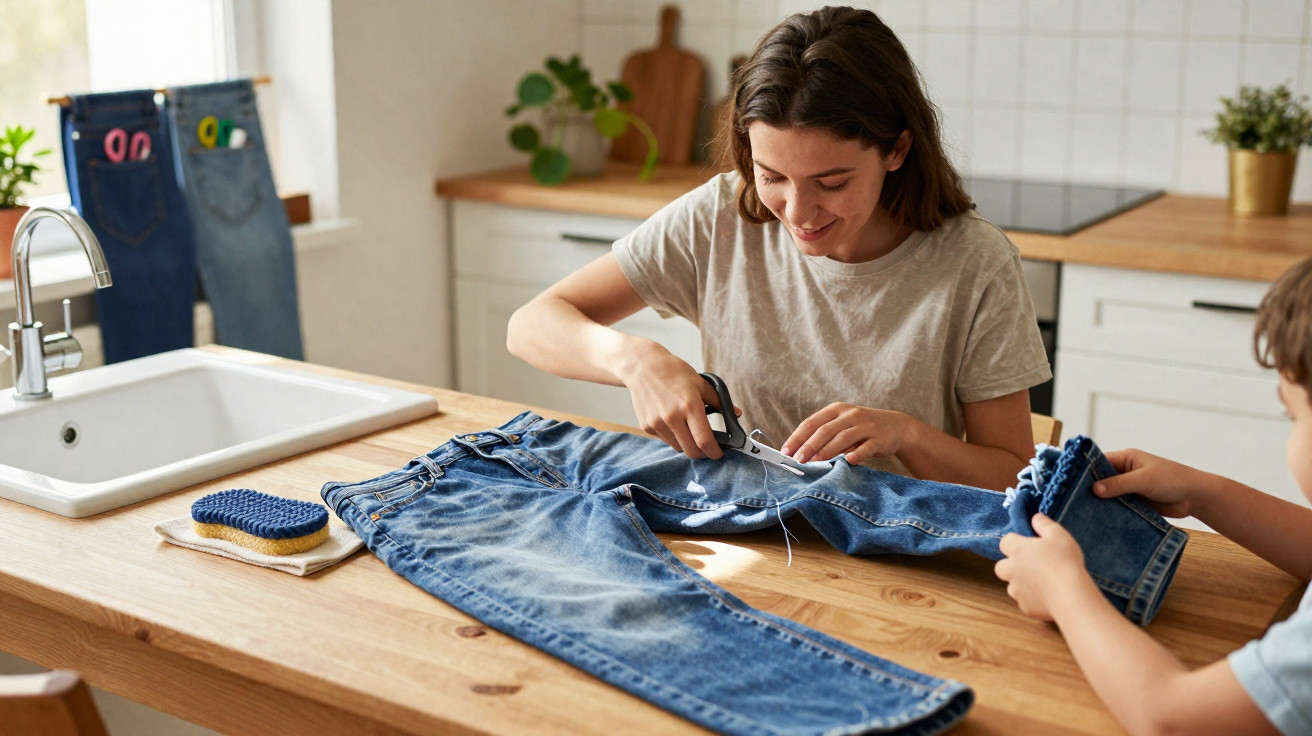 Mulher corta calça jeans em uma mesa de madeira, com criança ajudando, em cozinha iluminada.