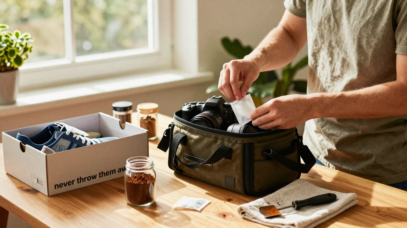 Pessoa organizando bolsa de câmera ao lado de caixa com tênis e pote sobre mesa de madeira.
