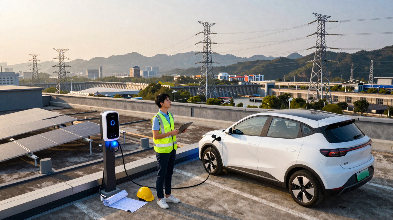 Homem com colete refletivo monitora carro elétrico branco sendo carregado por estação de energia solar no telhado.