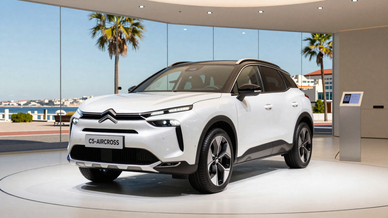 Carro SUV branco Citroën C5 Aircross em exposição em ambiente moderno com vista para palmeiras.